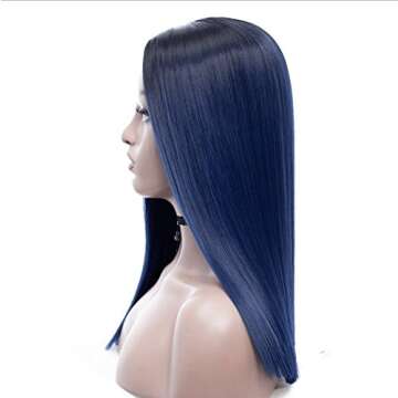 IVY HAIR Blue Hairstyle Wigs Ombre Color Black to Blue Hair Wig Straight Long Synthetic Wigs for Women Middle Part Heat Resistant Hair Replacement Wigs 16 INCH