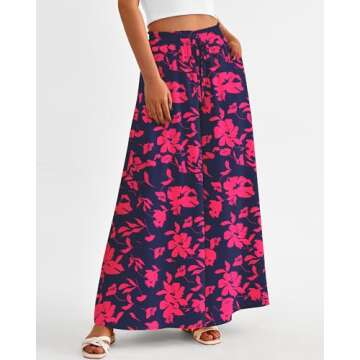 BTFBM Women Casual High Waist Wide Leg Pants Summer Floral Solid Long Palazzo Pants Lounge Beach Trousers with Pocket(Print Navy Rose Red, Small)