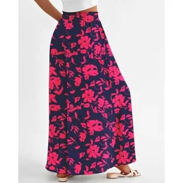 BTFBM Women Casual High Waist Wide Leg Pants Summer Floral Solid Long Palazzo Pants Lounge Beach Trousers with Pocket(Print Navy Rose Red, Small)