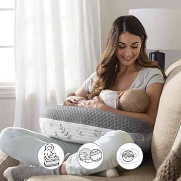 Boppy Nursing Pillow Best Latch, Gray Pennydot Leaf Stripe, Lactation Consultant Created, Firm Contoured and Plush Sides for Breastfeeding Options, Padded Belt, Plus Sized to Petite, Machine Washable
