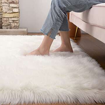 Maxsoft Fluffy Fur Rug for Bedroom, 3 x 5 Feet White Shaggy Faux Sheepskin Rugs for Girls Room Washable, Furry Throw Area Rugs for Dorm Living Room Kids Home Decor