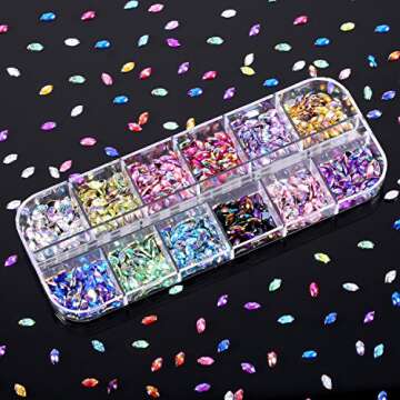 TecUnite 1200 Pieces 12 Colors Shiny Nail Rhinestones Horse Eye Rhinestones Flat Back Nail Gems Deco...