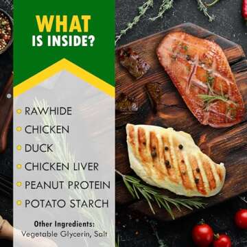 Triple Flavor Dog Rawhide Treats - Duck & Chicken Human Grade Meat - Natural Pet Dried Snacks - Grain Free Long Lasting Chews for Large & Small Dogs - Best Sticks for Healthy Teeth