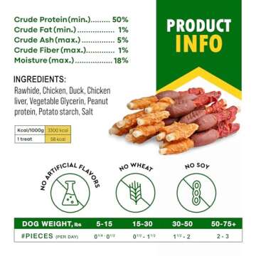 Triple Flavor Dog Rawhide Treats - Duck & Chicken Human Grade Meat - Natural Pet Dried Snacks - Grain Free Long Lasting Chews for Large & Small Dogs - Best Sticks for Healthy Teeth