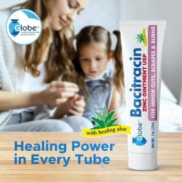 (4 Pack) Globe Bacitracin Zinc Ointment + Aloe 1oz, Antibiotic Ointment, Essential Antibiotic First Aid Supplies, Healing Action, Maximum Antibiotic Power, Prevents Infection in cuts, scrapes, Burns