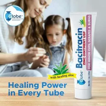 (4 Pack) Globe Bacitracin Zinc Ointment + Aloe 1oz, Antibiotic Ointment, Essential Antibiotic First Aid Supplies, Healing Action, Maximum Antibiotic Power, Prevents Infection in cuts, scrapes, Burns
