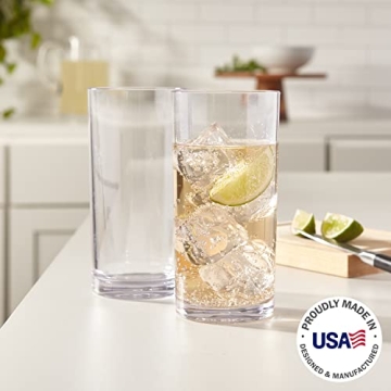 US Acrylic Classic Clear Plastic Reusable Drinking Glasses (Set of 6) 16oz Water Cups | BPA-Free Tumblers, Made in USA | Top-Rack Dishwasher Safe