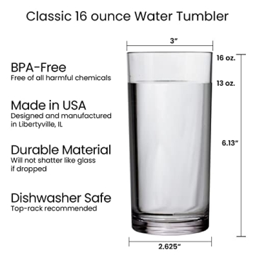 US Acrylic Classic Clear Plastic Reusable Drinking Glasses (Set of 6) 16oz Water Cups | BPA-Free Tumblers, Made in USA | Top-Rack Dishwasher Safe