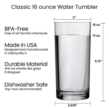 US Acrylic Classic Clear Plastic Reusable Drinking Glasses (Set of 6) 16oz Water Cups | BPA-Free Tumblers, Made in USA | Top-Rack Dishwasher Safe