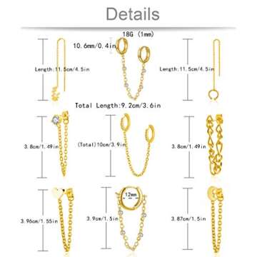 Tornito 9Pcs Chain Hoop Earrings Huggie Wrap Tassel Earrings With Chain Minimalist Chain Wave Cuff Earrings Jewelry for Women Gold Tone