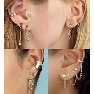 Tornito 9Pcs Chain Hoop Earrings Huggie Wrap Tassel Earrings With Chain Minimalist Chain Wave Cuff Earrings Jewelry for Women Gold Tone