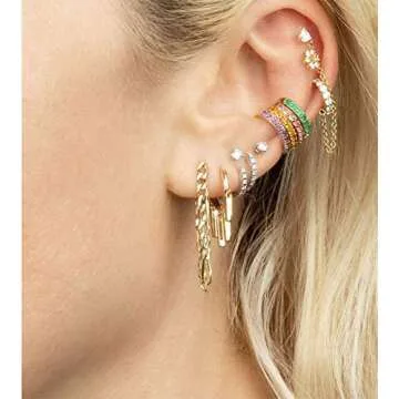 Tornito 9Pcs Chain Hoop Earrings Huggie Wrap Tassel Earrings With Chain Minimalist Chain Wave Cuff Earrings Jewelry for Women Gold Tone