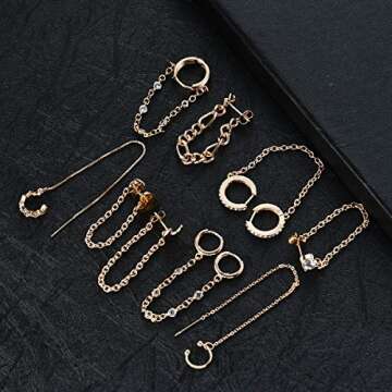 Tornito 9Pcs Chain Hoop Earrings Huggie Wrap Tassel Earrings With Chain Minimalist Chain Wave Cuff Earrings Jewelry for Women Gold Tone