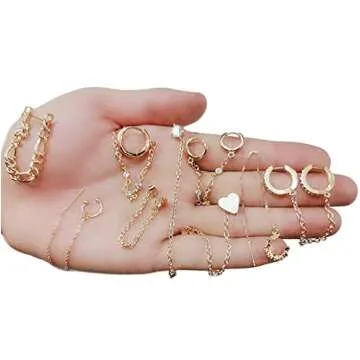 Tornito 9Pcs Chain Hoop Earrings Huggie Wrap Tassel Earrings With Chain Minimalist Chain Wave Cuff Earrings Jewelry for Women Gold Tone