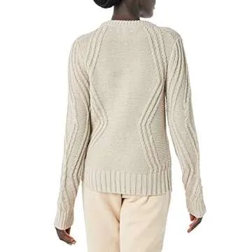 Amazon Essentials Women's 100% Cotton Crewneck Cable Sweater, Beige, Large