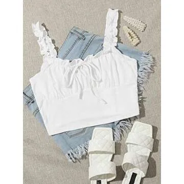 Verdusa Women's Frill Trim Strap Tie Knot Ruched Front Bustier Crop Top White M