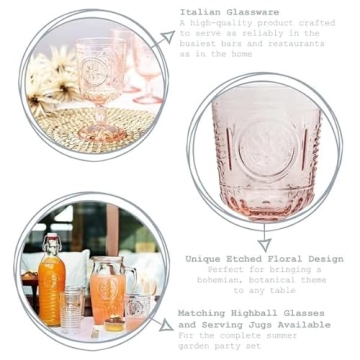 Bormioli Rocco Romantic Set Of 4 Stemware Glasses, 10.75 Oz. Colored Crystal Glass, Cotton Candy Pink, Made In Italy.
