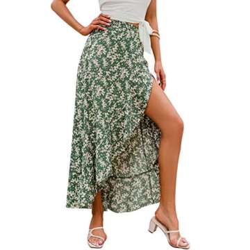 BerryGo Women's Boho Floral Wrap Midi Ruffle Skirt High Waisted Long Swing Skirt with Slit Z-Green S
