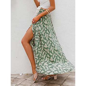 BerryGo Women's Boho Floral Wrap Midi Ruffle Skirt High Waisted Long Swing Skirt with Slit Z-Green S