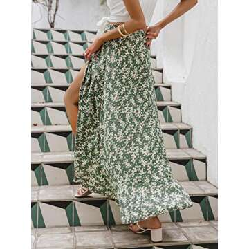 BerryGo Women's Boho Floral Wrap Midi Ruffle Skirt High Waisted Long Swing Skirt with Slit Z-Green S