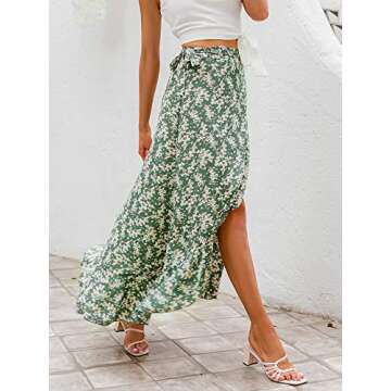 BerryGo Women's Boho Floral Wrap Midi Ruffle Skirt High Waisted Long Swing Skirt with Slit Z-Green S