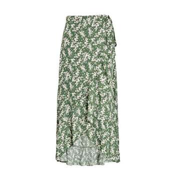BerryGo Women's Boho Floral Wrap Midi Ruffle Skirt High Waisted Long Swing Skirt with Slit Z-Green S