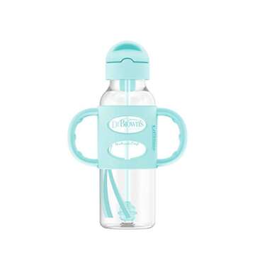Dr. Brown's Milestones Narrow Sippy Straw Bottle, Spill-Proof with 100% Silicone Handles and Weighted Straw, 8 oz/250 mL, Gray & Green, 6m+
