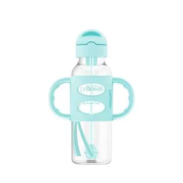Dr. Brown's Milestones Narrow Sippy Straw Bottle, Spill-Proof with 100% Silicone Handles and Weighted Straw, 8 oz/250 mL, Gray & Green, 6m+