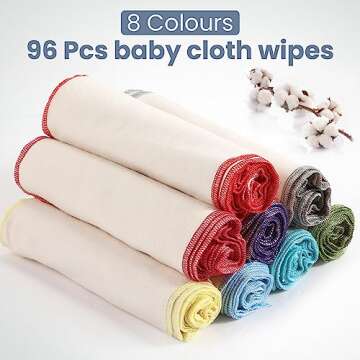 Mixweer 96 Pcs Flannel Cloth Baby Wipes Reusable Baby Diapers Wipes Washable Natural Unbleached Face Wipes Soft and Sturdy Cloth Wipes 8 Colors Outer Stitching 8 x 8 Inches