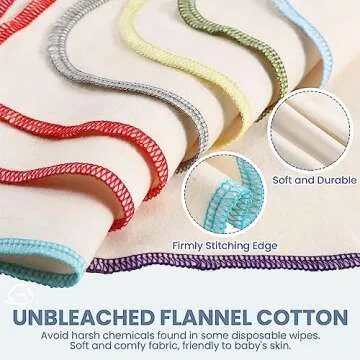 Mixweer 96 Pcs Flannel Cloth Baby Wipes Reusable Baby Diapers Wipes Washable Natural Unbleached Face Wipes Soft and Sturdy Cloth Wipes 8 Colors Outer Stitching 8 x 8 Inches