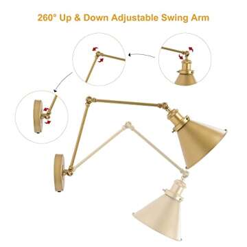Optimant Lighting Gold Wall Sconce, Modern Plug-in or Hardwired Adjustable Swing Arm Wall Mounted Light, 2 Pack