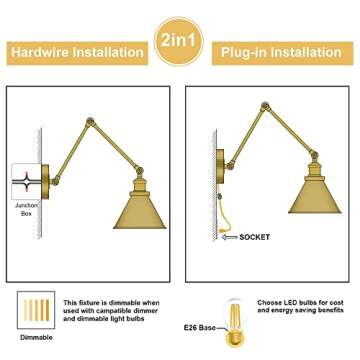 Optimant Lighting Gold Wall Sconce, Modern Plug-in or Hardwired Adjustable Swing Arm Wall Mounted Light, 2 Pack