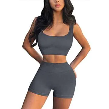 QINSEN Workout Sets for Women 2 Piece Seamless Ribbed Crop Tank High Waist Shorts Yoga Outfits (M, Dark Grey)