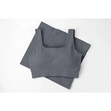 QINSEN Workout Sets for Women 2 Piece Seamless Ribbed Crop Tank High Waist Shorts Yoga Outfits (M, Dark Grey)