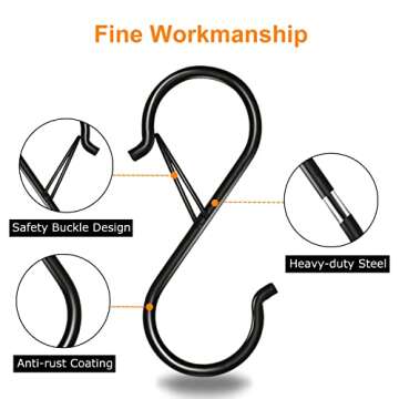 Waitkey 16 Pack S Hooks for Hanging, 3.5 inch Heavy Duty S Hooks with Safety Buckle S Shaped Hooks Kitchen Pot Rack Hooks Closet Hooks for Hanging Plants, Clothes, Kitchen Utensil, Bags (Black)