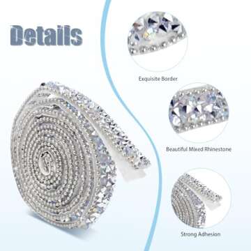 2 Rolls 3 Yards Silver Rhinestone Ribbon,Rhinestone Trim,Rhinestone Ribbon Self Adhesive,Silver Ribbon,Rhinestones for Clothes,Rhinestone Fringe,Rhinestone Tape Glitter Bling for DIY Art Crafts