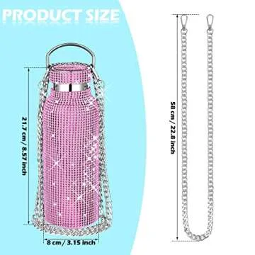 Diamond Water Bottle Bling Rhinestone Stainless Steel Thermal Bottle Refillable Water Bottle Insulated Water Bottle Glitter Water Bottle with Chain for Women Girls Gifts (Pink, Silver, 500 ml)