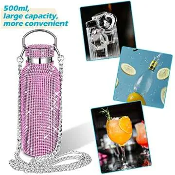 Diamond Water Bottle Bling Rhinestone Stainless Steel Thermal Bottle Refillable Water Bottle Insulated Water Bottle Glitter Water Bottle with Chain for Women Girls Gifts (Pink, Silver, 500 ml)