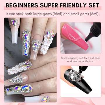 Makartt Nail Rhinestone Glue Set - Gel Nail Glue for Rhinestones for 3D Design Super Strong Adhesive Nail Gem Glue for Valentine's Day Nail Art Jewel Crystal Beads Diamonds 15ml and 8ml Cured Need