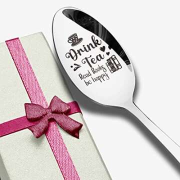 Funny Drink Tea Read Books Be Happy Spoon Engraved Stainless Steel,Tea Lover Gifts for Teen Kids Men Women Friends, Best Gifts for Reader Book Lover Birthday Christmas
