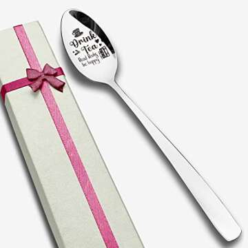 Funny Drink Tea Read Books Be Happy Spoon Engraved Stainless Steel,Tea Lover Gifts for Teen Kids Men Women Friends, Best Gifts for Reader Book Lover Birthday Christmas