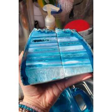 AMOYSTONE Teal Agate Geode Bookends, Unique Natural Crystal Book Holder 2-3 LBS with Rubber Bumpers, Sujetalibros for Small Books and Kitchen Cookbooks, Stylish and Functional