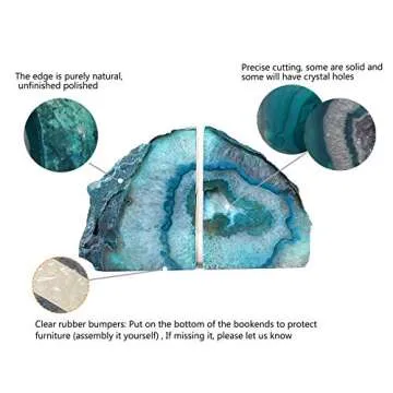 AMOYSTONE Teal Agate Geode Bookends, Unique Natural Crystal Book Holder 2-3 LBS with Rubber Bumpers, Sujetalibros for Small Books and Kitchen Cookbooks, Stylish and Functional