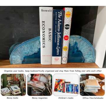 AMOYSTONE Teal Agate Geode Bookends, Unique Natural Crystal Book Holder 2-3 LBS with Rubber Bumpers, Sujetalibros for Small Books and Kitchen Cookbooks, Stylish and Functional