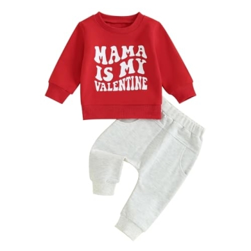 Infant Baby Boy Valentine's Day Outfit Mama is My Valentines Clothes Print Shirts Crewneck Sweatshir...