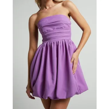 MISSACTIVER Women's Strapless Tube Top Mini Dress Ruched Sleeveless Off Shoulder Flared Short Dress Summer Party Club Dresses Purple