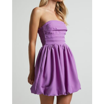 MISSACTIVER Women's Strapless Tube Top Mini Dress Ruched Sleeveless Off Shoulder Flared Short Dress Summer Party Club Dresses Purple