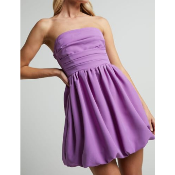 MISSACTIVER Women's Strapless Tube Top Mini Dress Ruched Sleeveless Off Shoulder Flared Short Dress Summer Party Club Dresses Purple
