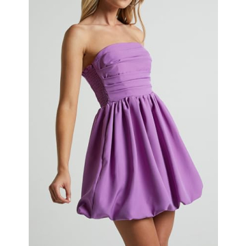 MISSACTIVER Women's Strapless Tube Top Mini Dress Ruched Sleeveless Off Shoulder Flared Short Dress Summer Party Club Dresses Purple