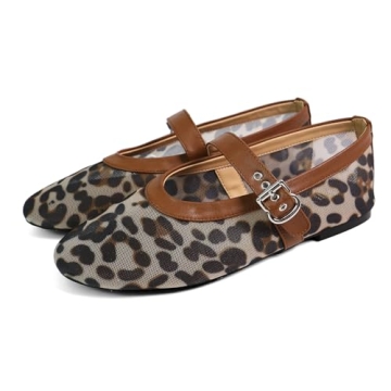 VBDB Leopard Mesh Ballet Flats with Buckle Strap